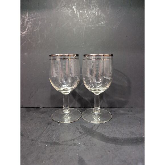Silver Rimmed Cocktail Glasses Stemware, Set of 2, Midcentury Barware, 4 Oz - Picture 1 of 9